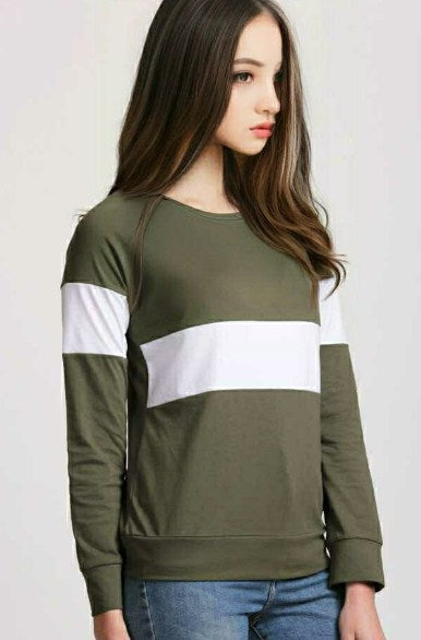Girl Olive and White Colorblocked Regular sleeves T-Shirt